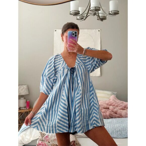 FREE PEOPLE Bop Around Stripe Romper in Oxford Combo Size X-Small - Picture 1 of 14